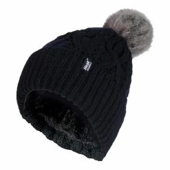 Ladies Ribbed Cuffed Pom Pom Bobble Beanie Hat With Fleece Lining
