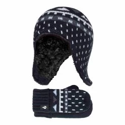 Boys Outdoor Faux Fur Pom Pom Hat With Ear Flaps & Mittens Gloves